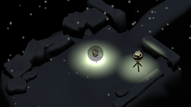 A screenshot of Torch Ball, featuring a ball with a lit brazier beside a standing torch in a snowy ruin.