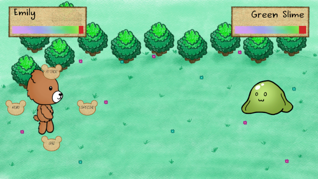 A screenshot of Tale of BearBear, featuring a teddy bear in a combat encounter with a green slime.