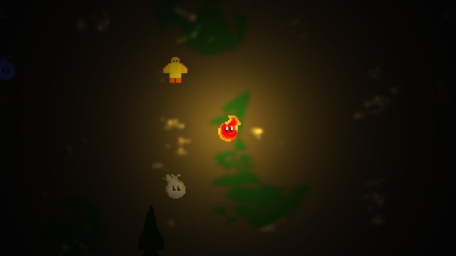 A screenshot of Flicker, featuring a dark environment illuminated by a small fire sprite in the centre, a child in yellow, and two spooky ghosts.
