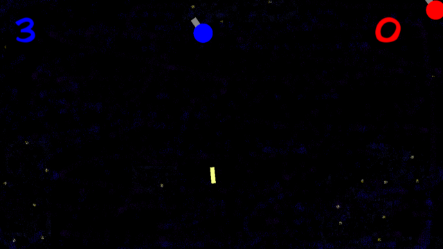 A screenshot of Steering Not Included, featuring two small spinning turret-satellite things in space shooting eachother.