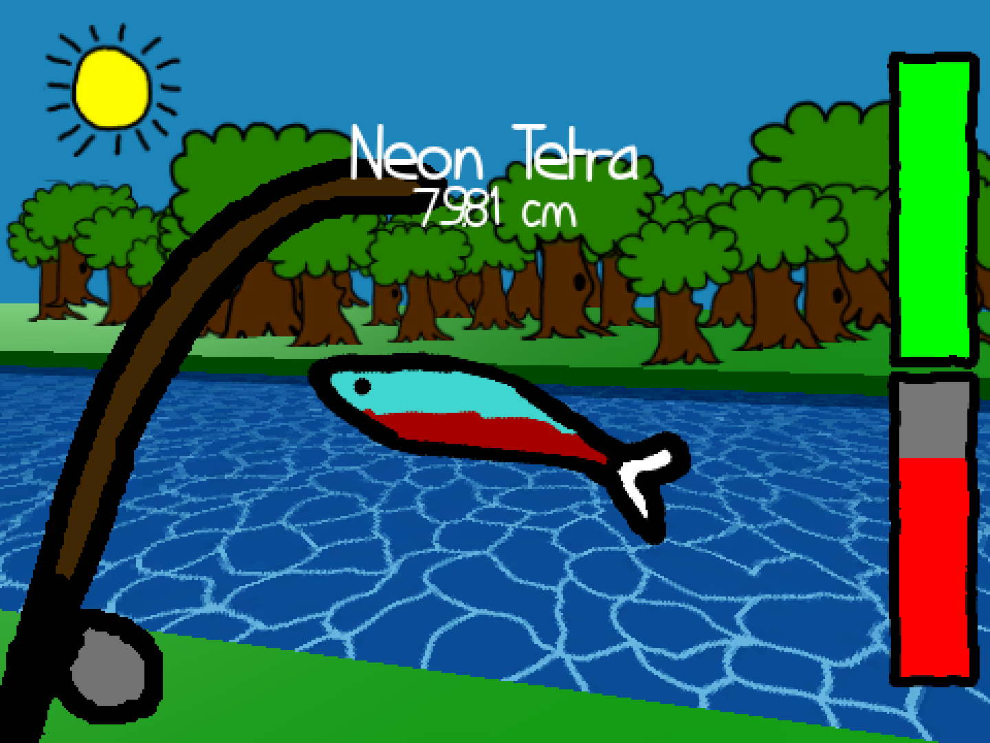 A screenshot of All-Seaing Fisheye, featuring a Neon Tetra that has just been caught